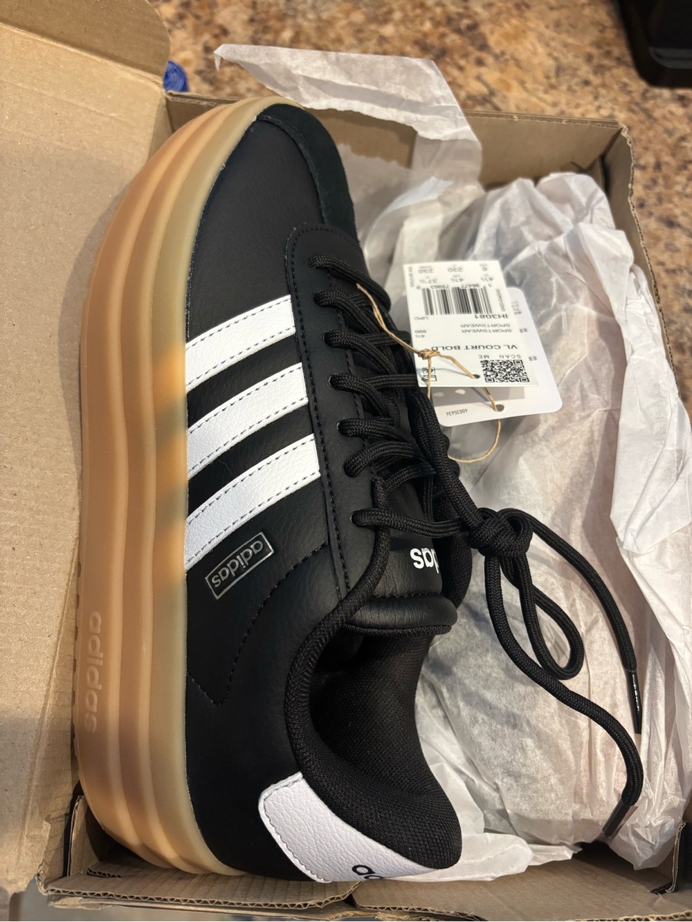 Adidas Black and White Platform-Style Low Top Sneaker with Gum Sole - Never Worn